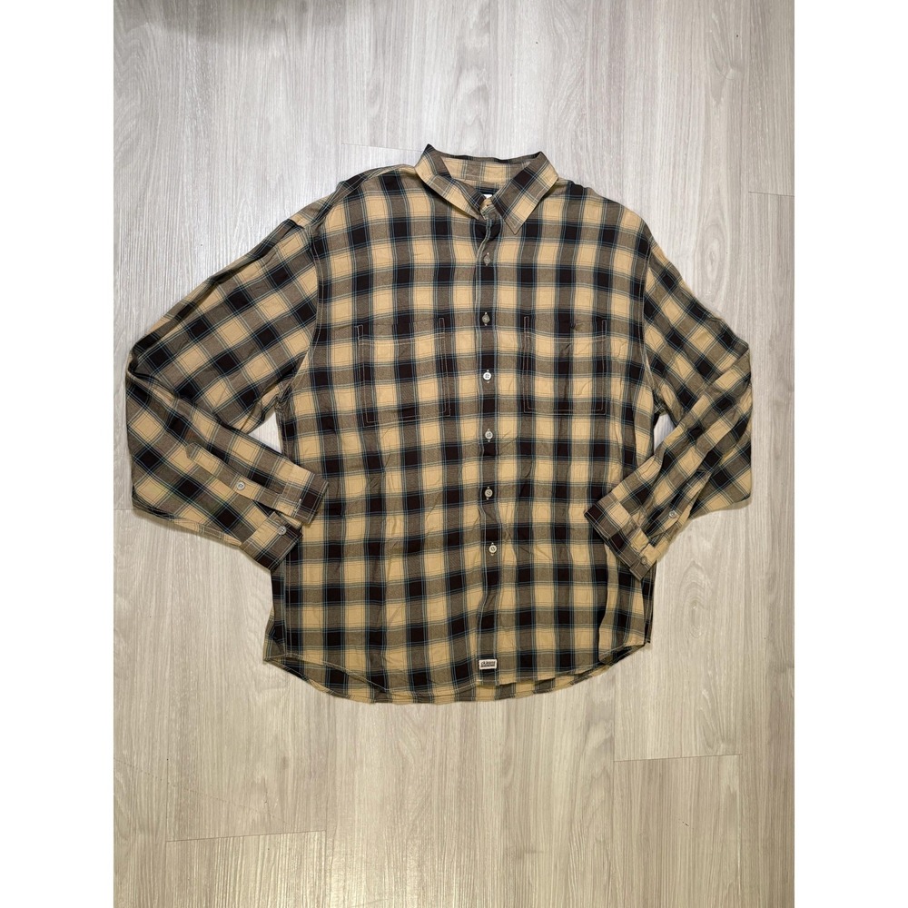 Calvin Klein Jeans Mens Shirt Plaid Button Down Long Sleeve Khaki Brown Blue XL